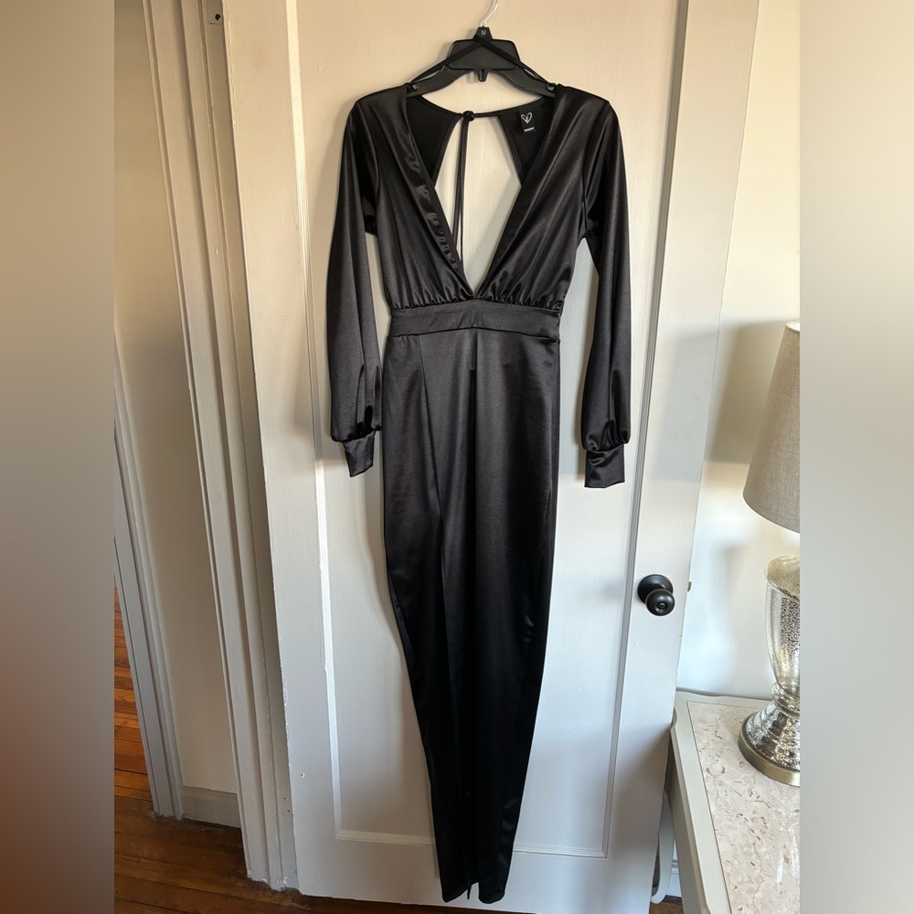 Lulus Black Satin Long Sleeve Deep V Neck Dress